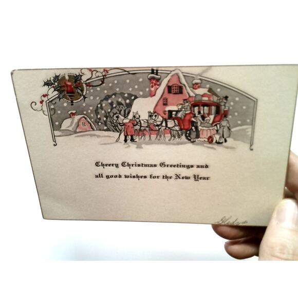 Vintage Christmas Holiday Greeting Card Horse Carriage Snow Scene Early Art - Picture 2 of 3